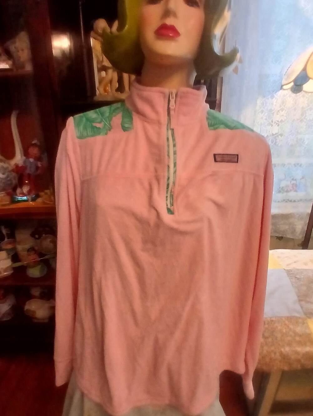 Ladies Vineyard Vines Pink Quarter-Zip Pullover with Green Leaf Accent Sz XL